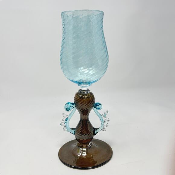 Murano Style Goblet Art Glass Signed Venetian Blue Amber Brown Hand Blown - Picture 1 of 11